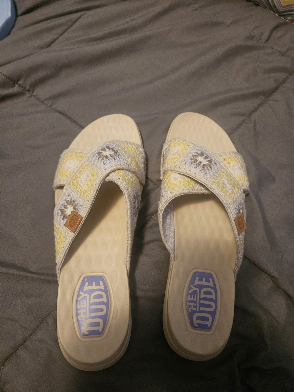 Hey Dude Crochet Crossband Slide Sandals in Cream & Yellow - Picture 2 of 5
